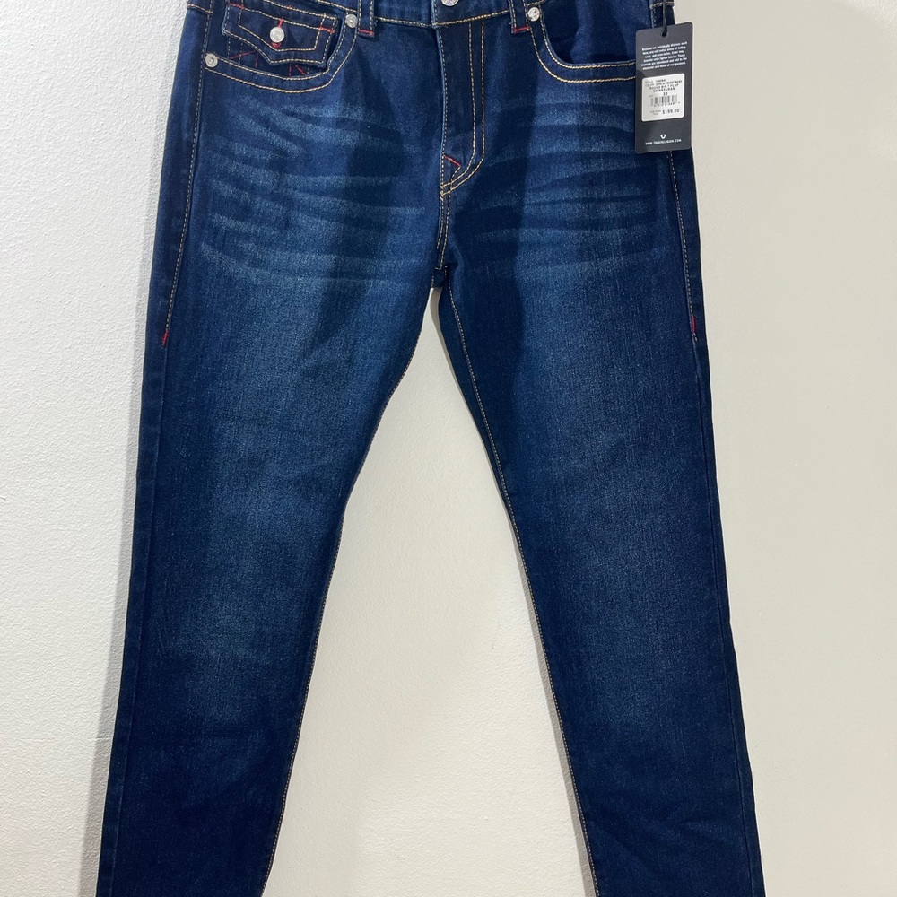 True Religion Jeans Mens Size 33x32 Rocco Relaxed Skinny Flap Big T Blue Denim - Picture 2 of 9